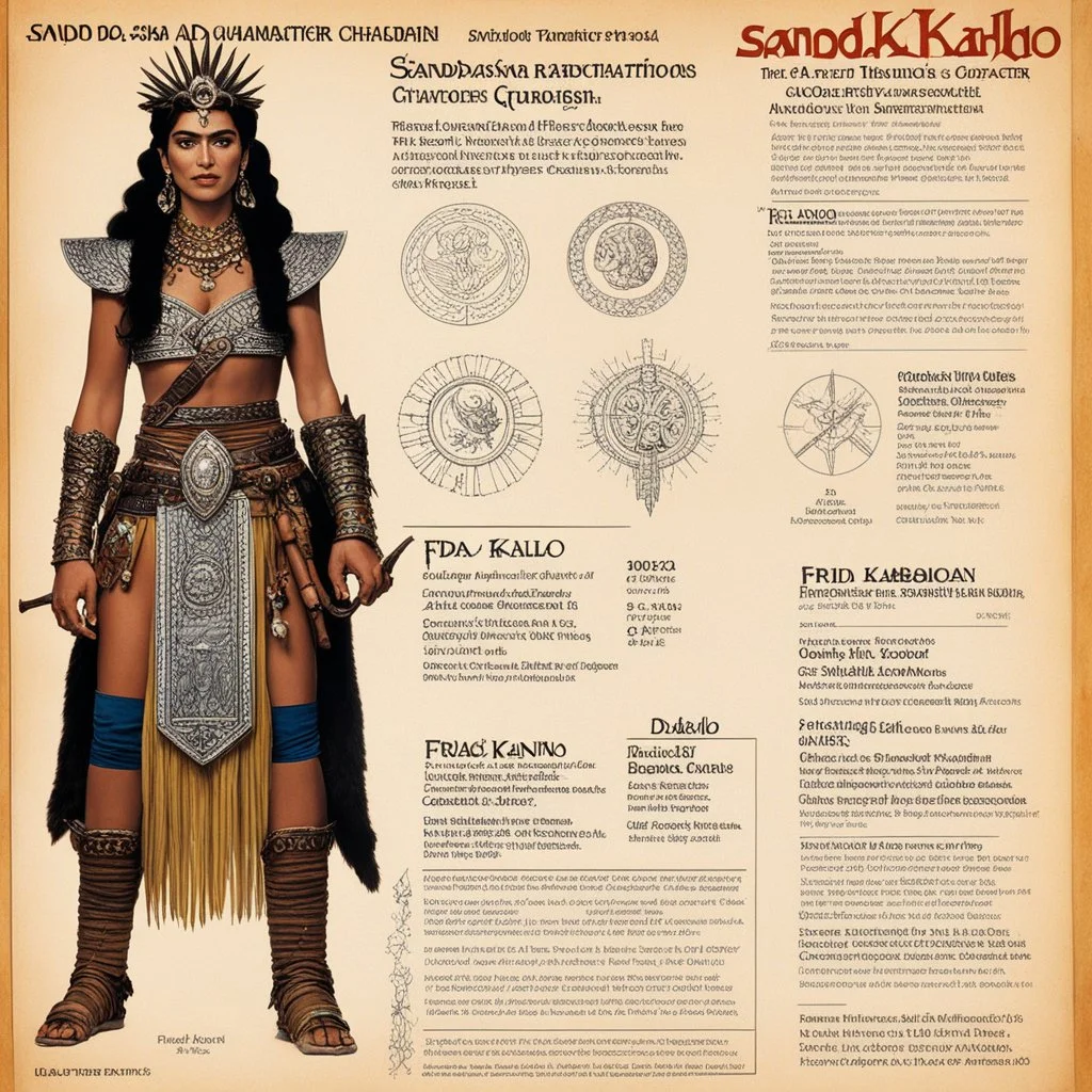 character concept sheet with AD&D statistics and characteristics, [photo from the TV series Sandokan (1976)] Frida Kahlo character as a barbarian queen