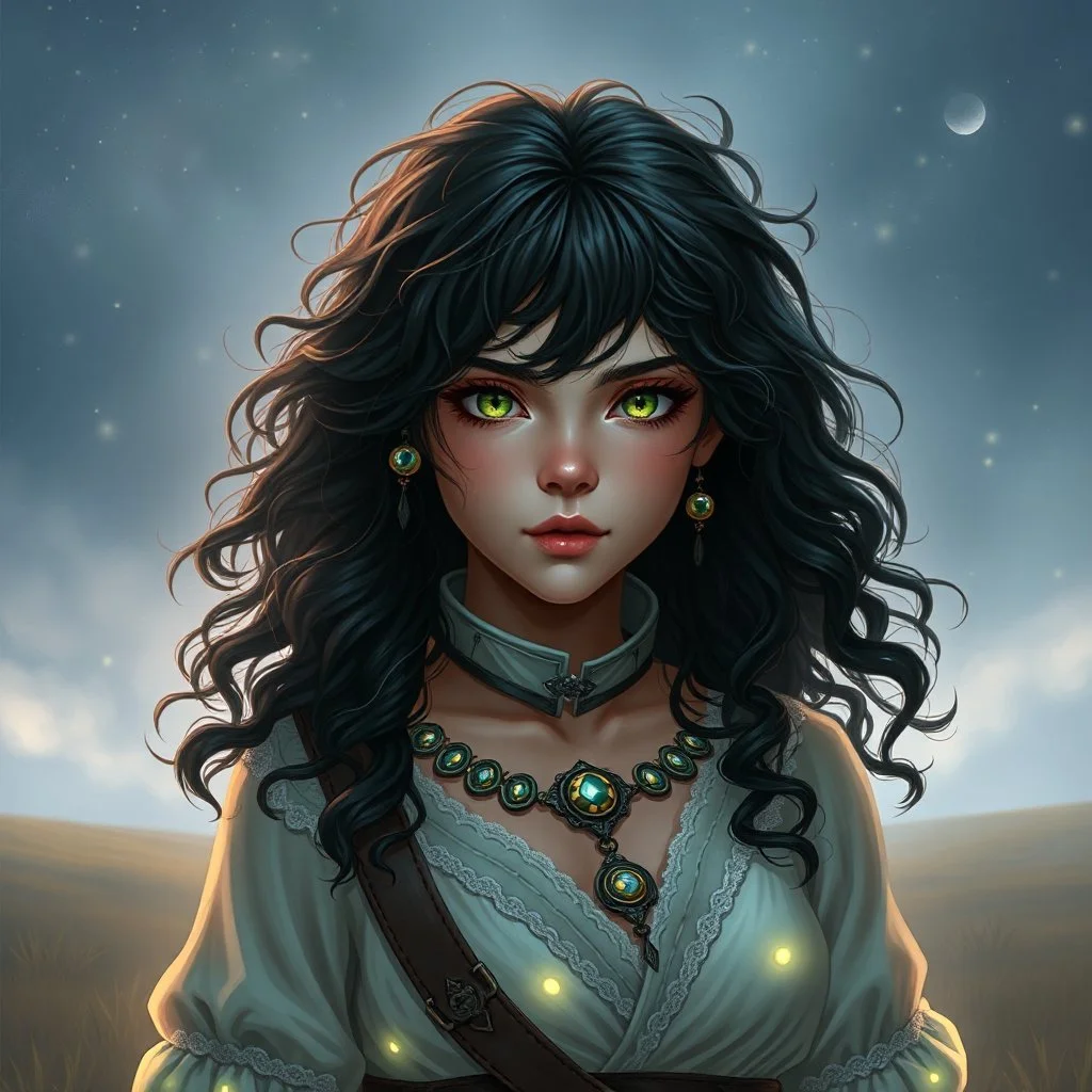 digital art portrait of a beautiful young fighter, pastel style, fantasy, long messy curly black hair, green eyes, wild, dressed in light-filled romantic outfit, ornaments, collar, standing on fields, night time, stars, realistic, sexy,