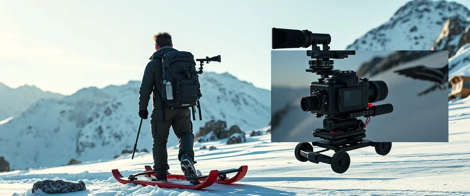 “Ultra-realistic outdoor adventure scene in snowy mountains. A rugged human adventurer carries a multifunctional backpack cam rig on a sled. The rig is integrated into the backpack with a telescopic camera mast, foldable sled/runners for low-angle shots, and small stabilizing wheels. Subtle LED lights on the rig glow softly. The backpack looks natural, weatherproof, and lightweight. Snow, rocks, and sunlight create natural shadows. The screen is split between footage and a pic of the equipment.