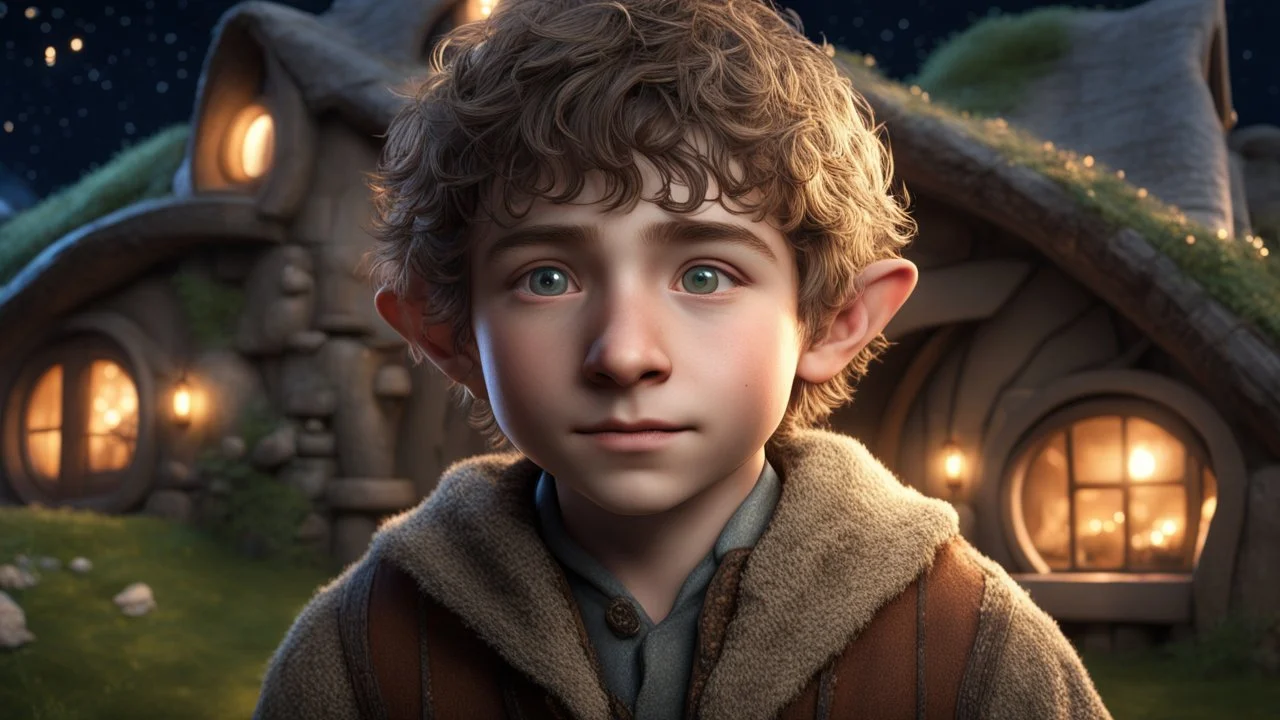 little young hobbit boy, handsome, peaceful, confident, calm, wise, happy, facing camera, head and shoulders, hobbit clothing, perfect eyes, exquisite composition, hobbit village with light from round windows of hobbit homes, night scene, stars, fireflies, beautiful intricate insanely detailed octane render, 16k artistic photography, photorealistic concept art, soft natural volumetric cinematic perfect light, chiaroscuro, award-winning photograph, masterpiece, William-Adolphe Bouguereau