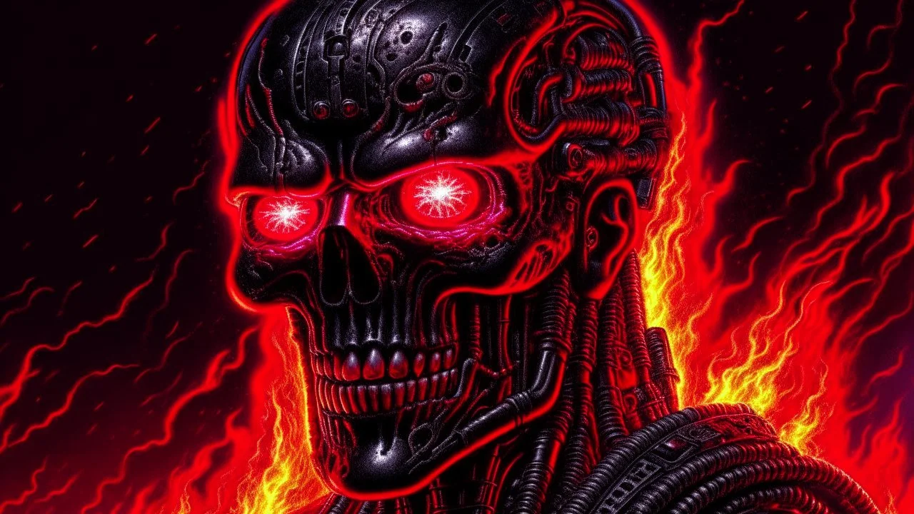 Terminator, 4k full detail, realistic, émission radio hardrock pentagram firestarter tribute to Black sabbath flammes en fond