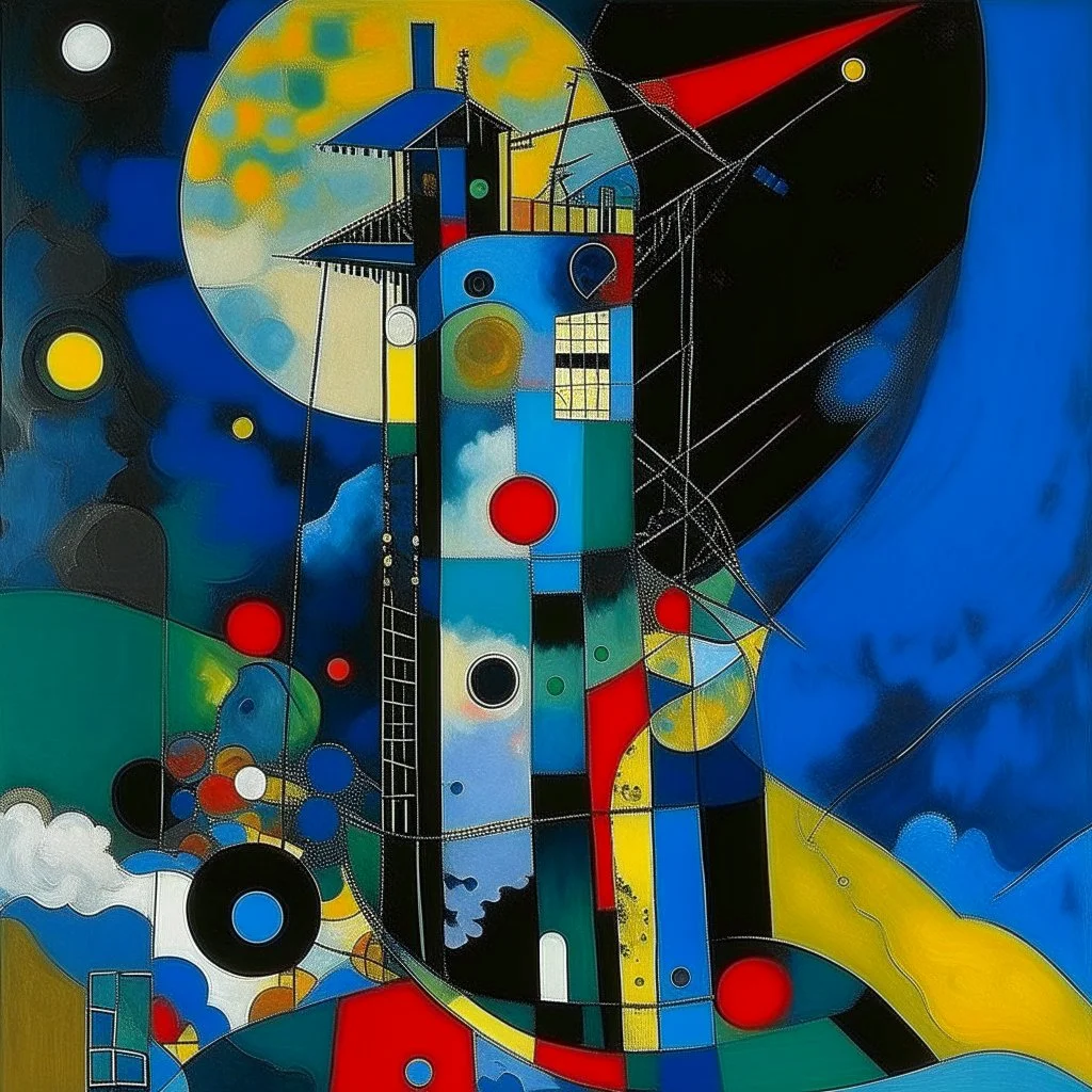 A dark blue tower with a balcony painted by Wassily Kandinsky