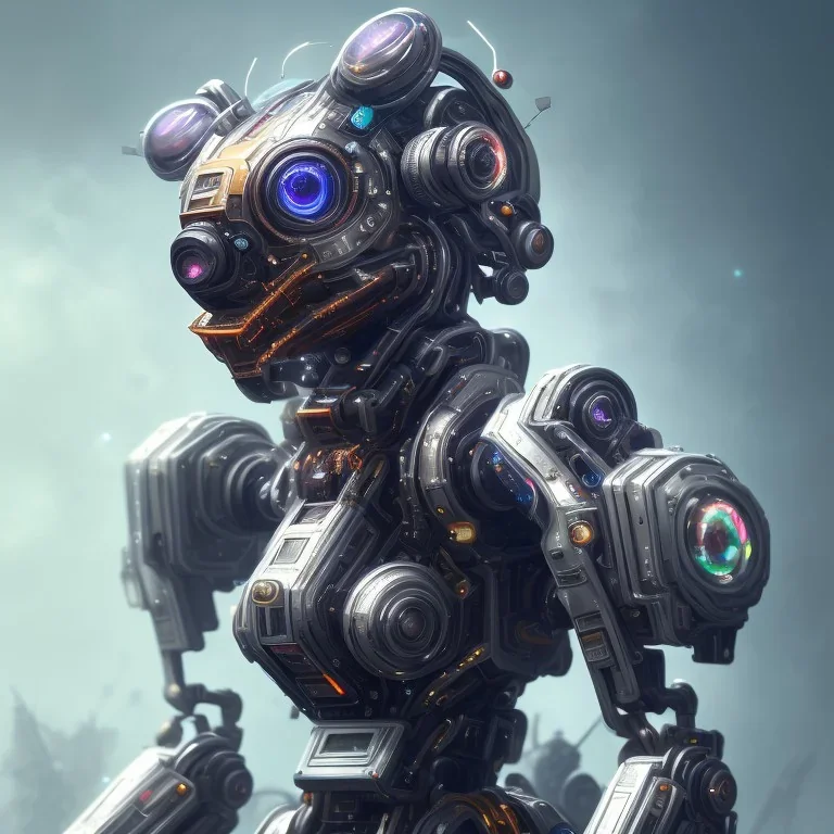 a beautiful full frame portrait digital painting of futuristic dogpunk robot, wide angle view, close-up, macro lens, centered camera, titanium accents, intricate details, small minutiae, tiny features, particulars, colorful, 8k, least ambient occlusion, volumetric lighting, volumetric clouds