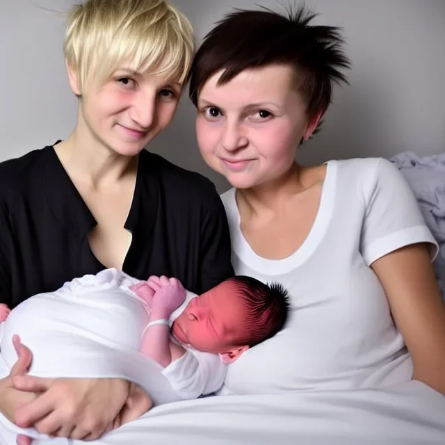 Russian tomboy boyish boylike short man's haircut boyish features in black girlish nightgown mommy in hospital with newborn baby