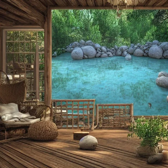 rustic wood deck with white wicker furniture, cerulean pond surrounded by smooth stones, flickering light, plants, 8k resolution, cozy, high-quality, fine-detail, tranquil, digital art, detailed matte, volumetric lighting, illustration, 3D octane render, brian froud, howard lyon, selina french, annie stokes, lisa parker, greg rutowski