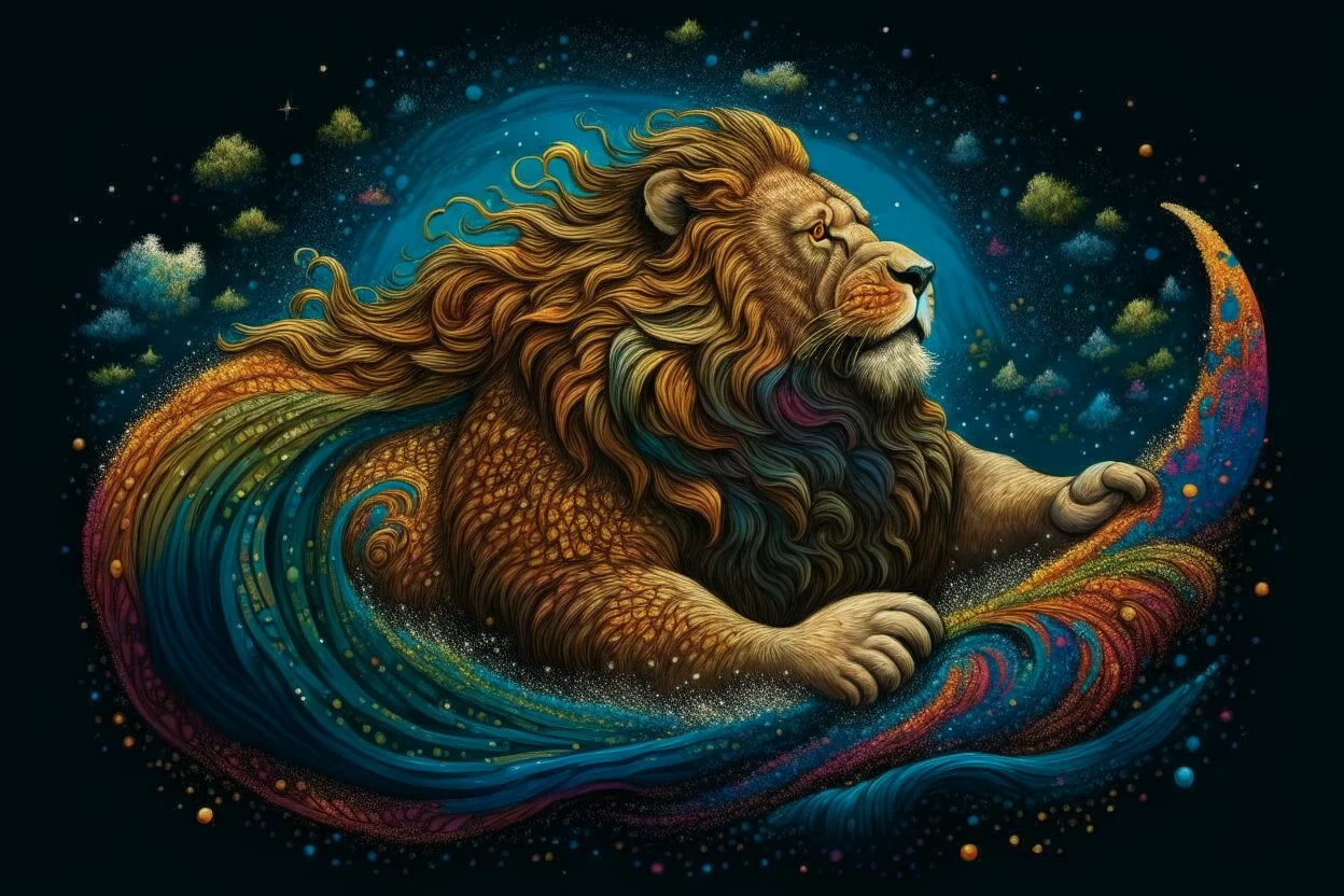 Swirling Illustration by James R. Eads. Cosmic lion, psychedelic. A fantastic depiction of cosmic lion in full figure, created by dappled brush strokes, against a starry night sky. The silhouette has a majestic lion shape. Created by swirling dappled linework in vivid tones of all vibrant colours. Reminiscent of Van Gogh's "Starry Night." The surreal silhouette is a full lion figure with majestic mane, filled with a cosmic pattern, intricate constellations, and a crescent moon, evoking the feeli