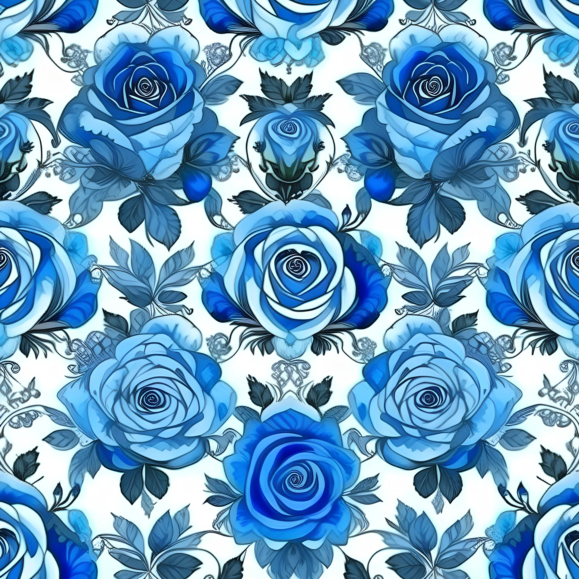 Symmetrical design blue roses bouquet pattern style handpainted
