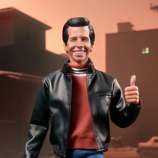 wide view uoung Plastic Fonzie with blackhair toy Action figure doll 1975 realistic (thumbs-up) (face) Forehead grin, fonzarelli, jukebox background, eyes