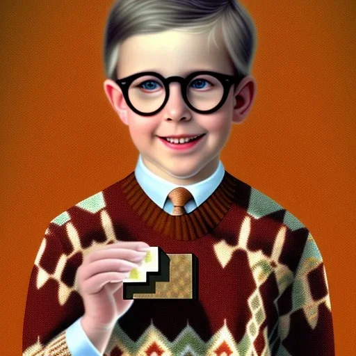 Peter Billingsley chubby lad Tortoise-shell glasses, holding a ((Dark red soap bar)) in his hand, brown argyle sweater