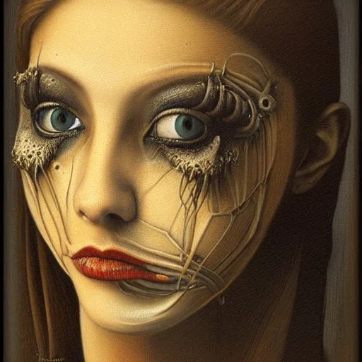  100 % modern conceptual art, hyperrealistic surrealist portrait oil painting by HR Giger , of a beautiful : :18 year old [biomechanical] woman , painted in the style of: : : flemish rennaisance and Jan van Eyck, painted with thin layers of transparent oil colors, oil glazing technique, airbrush painting by HR Giger , oil painting by Jan van Eyck, texture materials mapping by Ernst Haeckel, lichen growth, mycelium, front view centered 3/4 figure symmetrical and cinematic side lighting, dramati