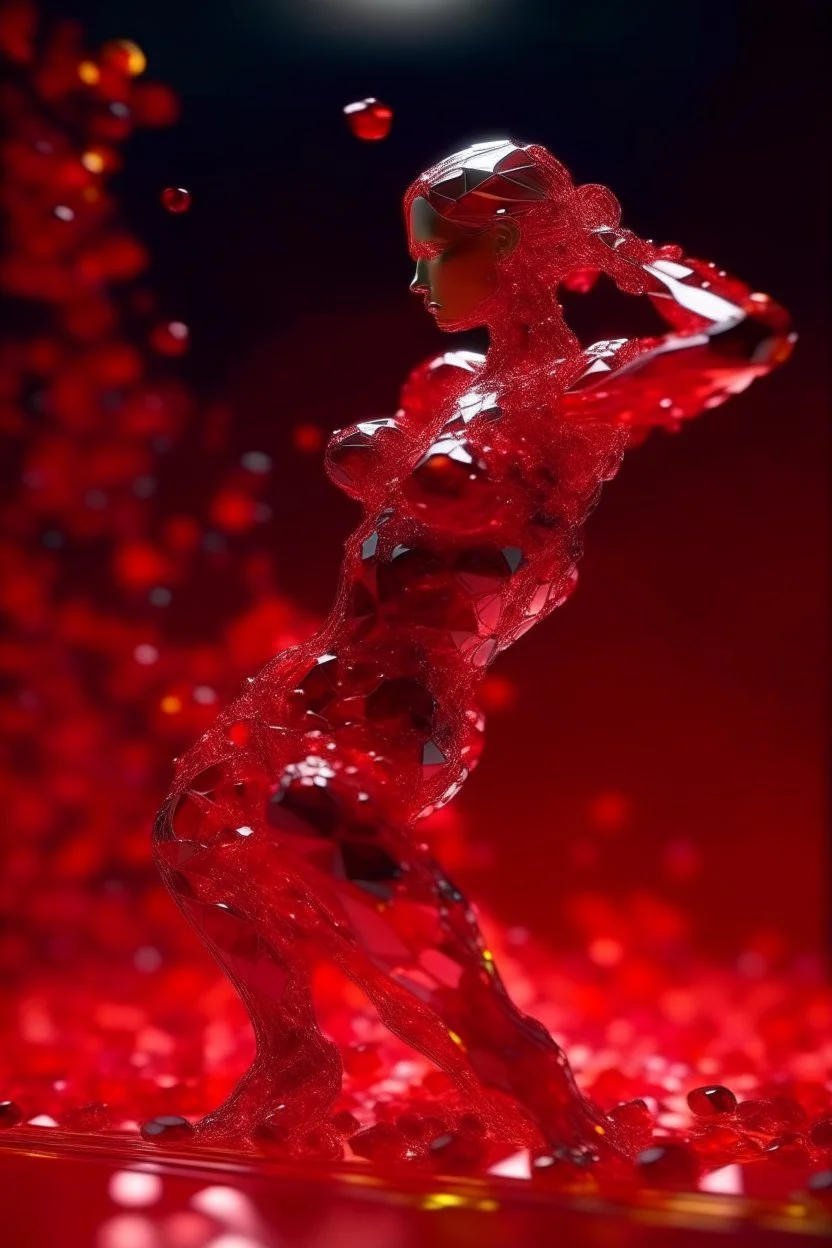 ultra detailed shot of a shattering sculpture made of red glass in a female shape, full body zoomed, ((red glitter floating around)), side view, motion effects, ((shattering sculpture)), colorful cristal particles floating as the sculptures shatter in loads of pieces, studio lights, ultra sharp focus, high speed shot, art by Mschiffer, soft colors,