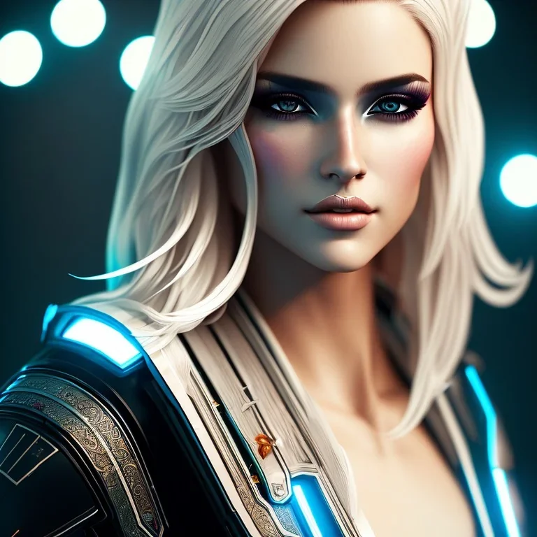 A beautiful portrait of a cute blond cyberpunk woman, high key lighting, volumetric light high details with white stripes and feathers and celtic paterns