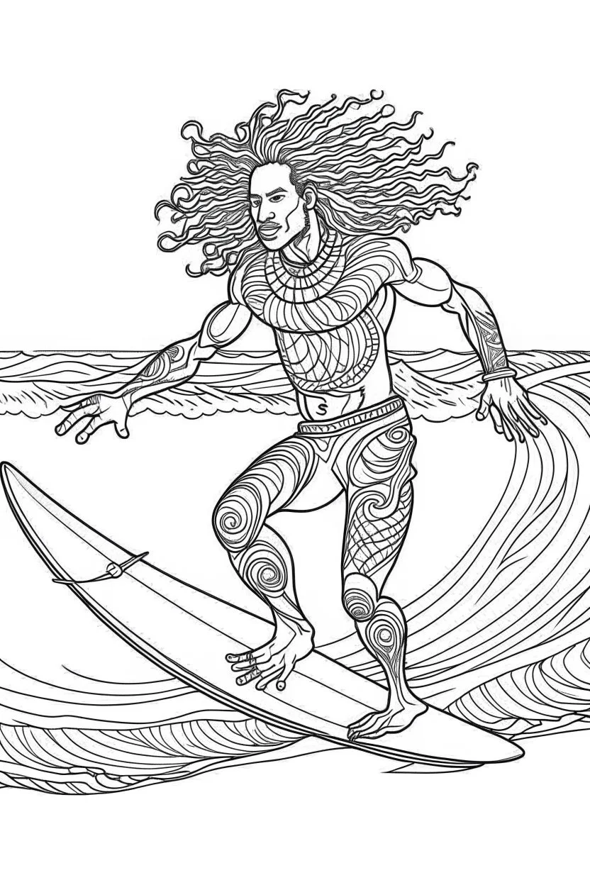 Outline art for coloring page OF A BUFF NATIVE SURFER WITH BIG CURLY KINKY HAIR WEARING SHORTS RIDING A SURFBOARD ON A WAVE, coloring page, white background, Sketch style, only use outline, clean line art, white background, no shadows, no shading, no color, clear