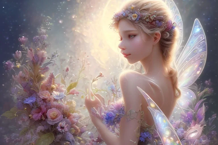 one very little beautiful fairy on a big crystal subtle flower in a galactic ambiance, transparent petals, delicate colors, in the foreground, full of details, smooth, bright sunshine，soft light atmosphere, light effect，vaporwave colorful, concept art, smooth, extremely sharp detail, finely tuned detail, ultra high definition, 8 k, unreal engine 5, ultra sharp focus