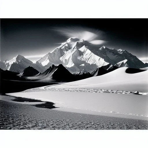 Ansel adams bkack & white Photo of denali in alaska, hyper realistic, zone system, even tones, rich gradients, dramatic lighting, 4k