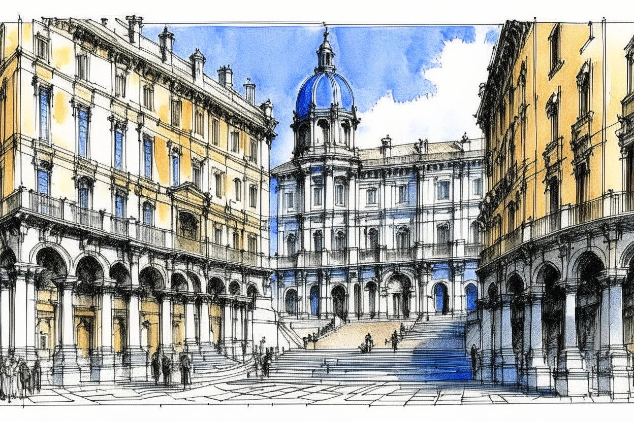 deseneaza cu penita si tus colorat cu acuarela , un sketch in stil minimal art , hasurat cu linii scurte de hasuri oblice scurte , cu mare acuratete si contrast , stil gravura pe metal reprezentand Fontana di trevi din roma antica , in stilul miniaturilor persane