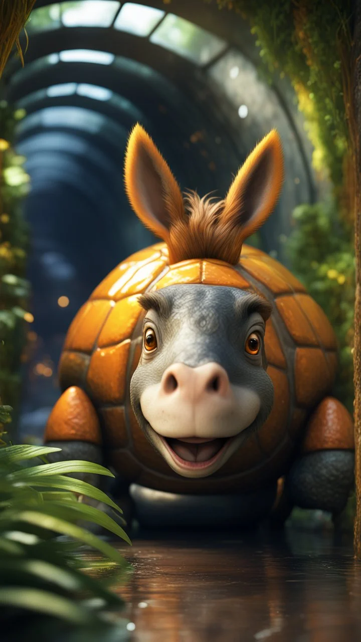 close up, magazine cover, smiling with front teeth, metallic yellow orange donkey turtle with friendly cute face and hair locks in dark lit reflective wet jungle metallic hall dome hotel tunnel, in the style of a game,bokeh like f/0.8, tilt-shift lens 8k, high detail, smooth render, down-light, unreal engine, prize winning