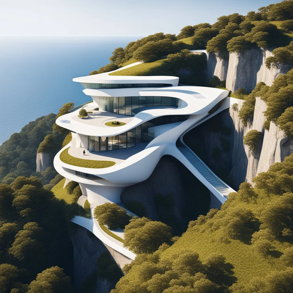 Casa campestre en un acantilado con un precipicio alto junto al mar, arquitectura Neofuturista estilo Zaha Hadid, árboles, gente, cielo clima de verano,vista aérea