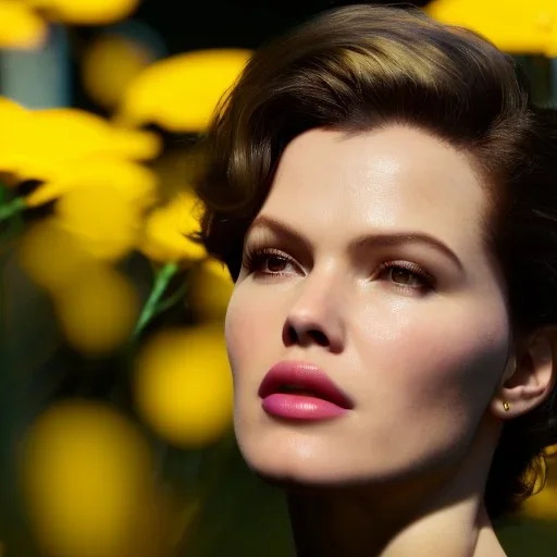 eva herzigova underwater with yellow flowers for hair, closed eyes, rtx, reflection, 8k, glow, winning photography, caustics