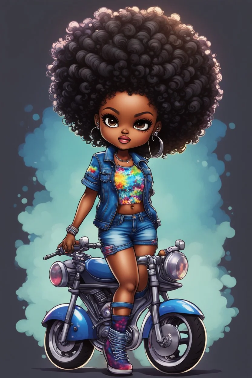 create an pshchedelic art illustration of a chibi cartoon voluptuous black female wearing a blue jean outfit with a tie dye tshirt with biker boots. Prominent make up with hazel eyes. Extremely highly detail of a tight curly black and shiny afro. Background of a bike show