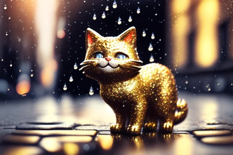 cute happy chibi cat standing on a wet cobblestone road in sunshine, watercolor and black in outlines, golden glitter, ethereal, cinematic postprocessing, bokeh, dof