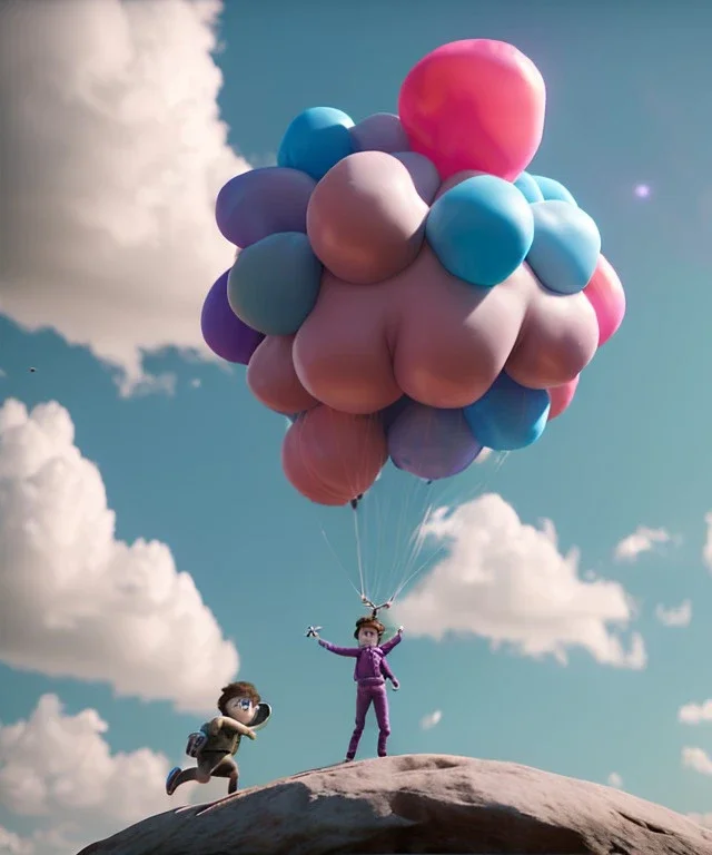 Ultra realistic clouds sky scene, medium shot view, portrait, sweet Childs, free jumping flying, trinkets, monster hair, jelly beans, balls, smile, happy, Wes Anderson style, inflatable color clothing, extreme, wind, clouds sea, 20,000 feet altitude, stratosphere, soft color, highly detailed, unreal engine 5, ray tracing, RTX, lumen lighting, ultra detail, volumetric lighting, 3d, finely drawn, high definition, high resolution.