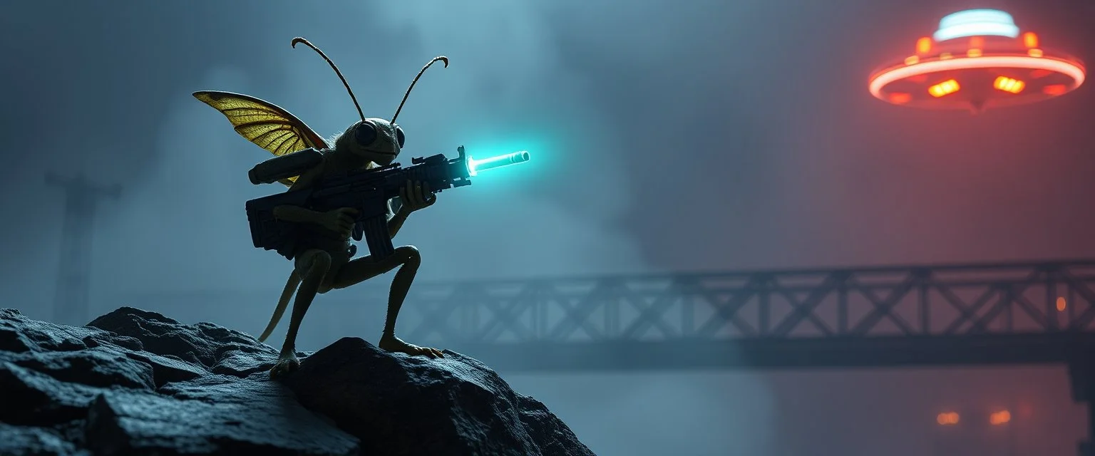 volume fog light, hyper real close up on rock ant cricket gremlin man general with hi tech transcendent weapon arsenal from hell, guarding bridge up to space saucer neon plastic transparent