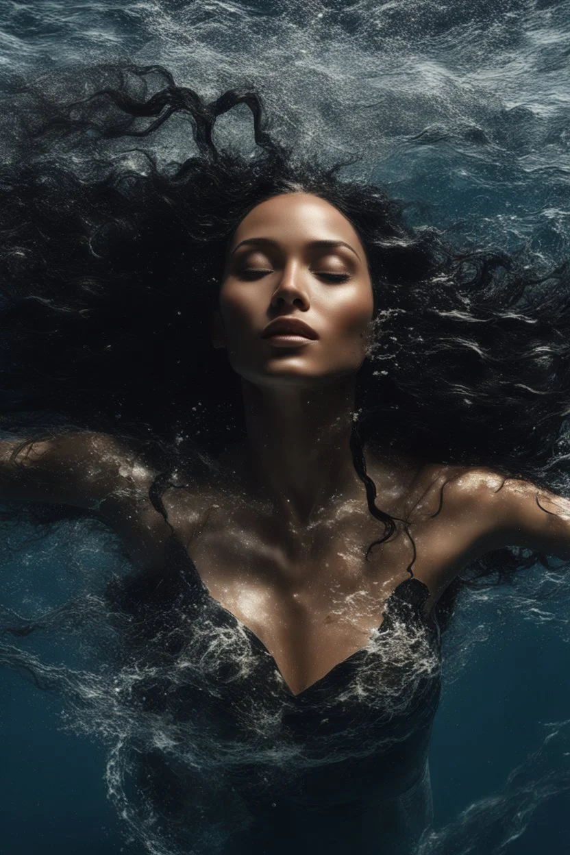 a beautiful woman, long curly black hair,closed eyes,coming from beneath the water,braking the surface with her face just coming out the water,looking up symbolism for breaking free. realistic,8k quality, action close shot from areal view,highly detailed , chaos 80