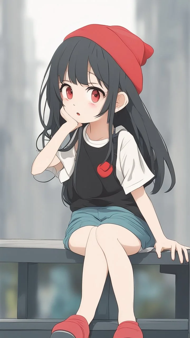 generate a full-length girl with gray-green sad eyes, with dark hair above the shoulders, a round face, not very plump lips, in a black T-shirt with a red print, short shorts, blue socks