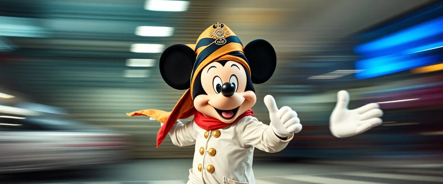 hi speed mickey mouse as a muslim cross dresser with motion blurred background