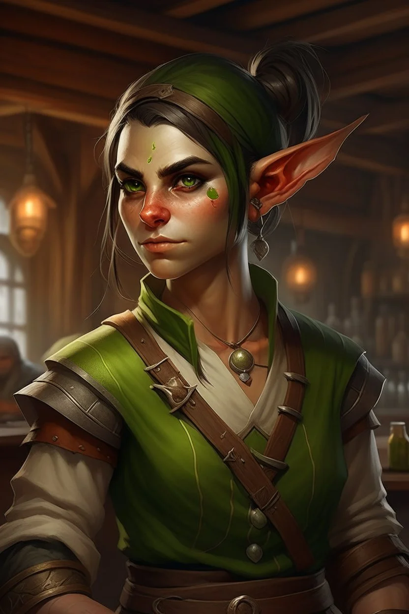 Dungeons and dragons half orc tomboy. She has green skin and pointy ears. She is kind. She is handsome. She has nice eyes. She has short hair. She is strong. She is in a tavern. Realistic style