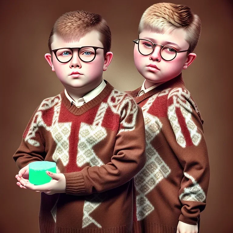 peter billingsley chubby kid with glasses, gripping a single ((Dark red))soap bar, ((brown))argyle sweater