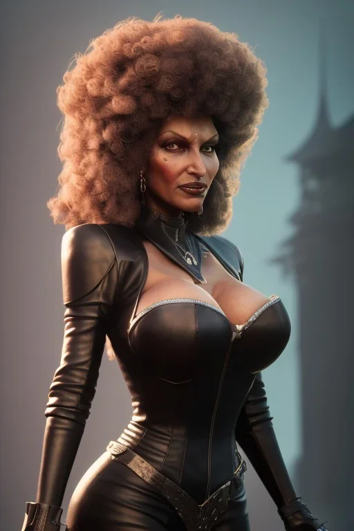 Pam Grier as evil queen in black leather, leather, busty, cleavage, angry, stern look. character design by cory loftis, fenghua zhong, ryohei hase, ismail inceoglu and ruan jia. unreal engine 5, artistic lighting, highly detailed, photorealistic, fantasy