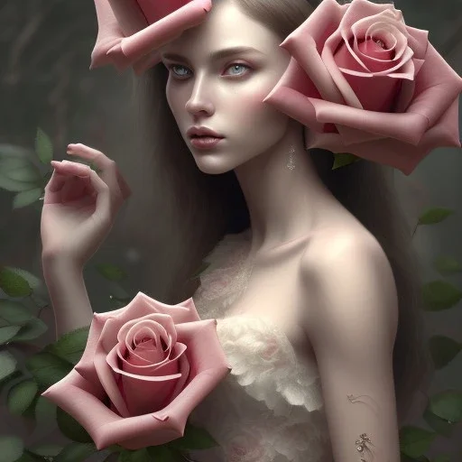 red roses beautiful girl,utra realistic,highly detailed, masterpiece, delicate detailed, sharp focus, insanely detailed, fantasy art, royalistic,elegant, fog, Special Lighting, Vibrant, color Scheme, forest, unreal engine, trending on artstation