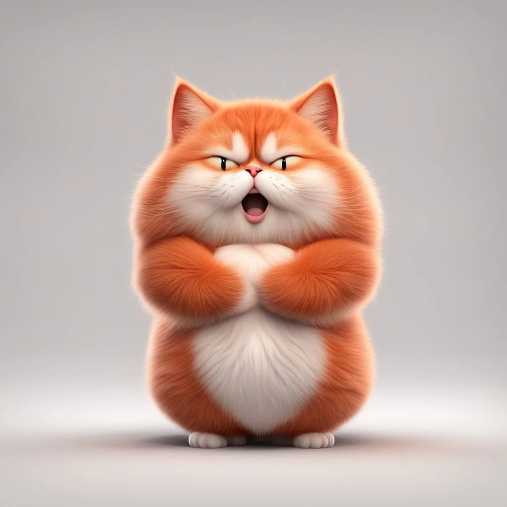 Fat cute red fluffy cat with belly, funny facial expressions, exaggerated action, praying, 3D character, white background, a little hairy, elongated shape, cartoon style, minimalism