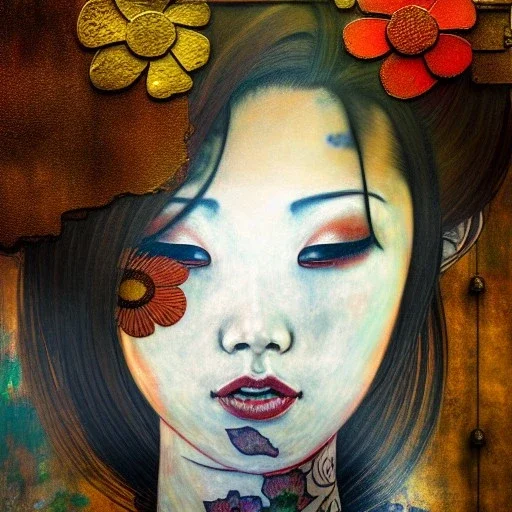 an abstract painting of rusted metal and flowers, beautiful smiling fullbody Yakuza Woman portrait, with fullbody japanese realistic tattoes, realistic,rust, scaffolding, iron cladding, decay, mixed media, textured, anatomically correct, beautiful perfect face, sharp focus, highly detailed by Gustav Klimt 8k