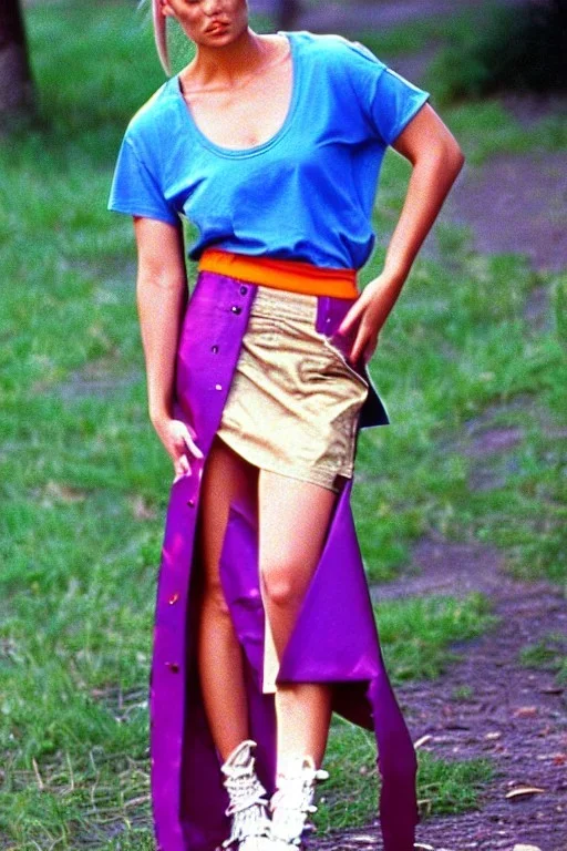 year 1996 denim fashion. Loose skirt, low waist. Combat t-shirt. Colors: denim blue, blue, purple, cream, khaki, light green, lilac, plum, orange, terracotta, red, light yellow, pink, dark blue, beige. Latex in small part. Something between camouflage and cheetah prints.. bridget jones and jennifer lopez