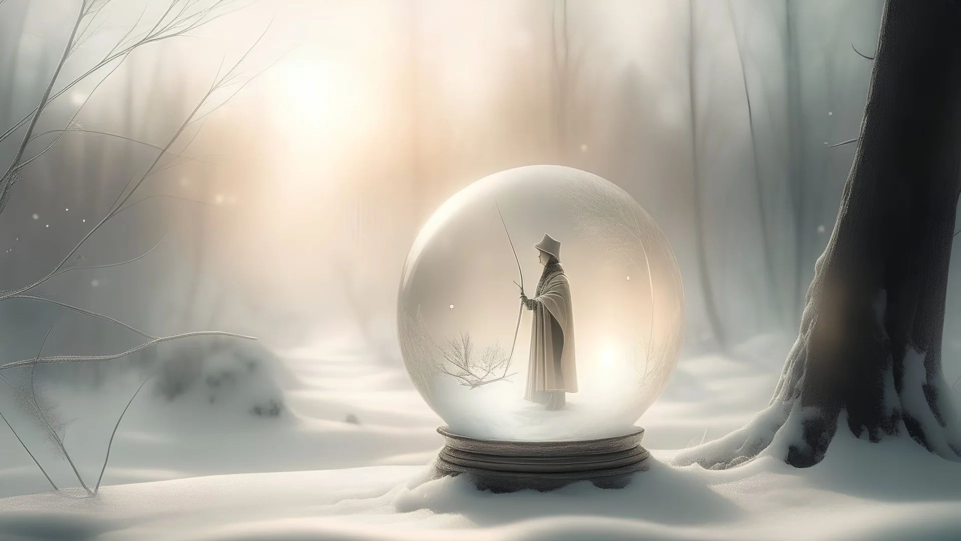 /imagine prompt: crystal ball, snow inside the ball, white marble base, mythological figure of justice, with scales inside, on a white forest with fog, Cinematic, Film Grain, Golden Hour, Daguerrotype, Calotype, Telephoto, Blurry, Desaturated, 4k, Lonely, Frontlight, Backlight, Opticssnowy landscape, drops of blood rain, in the foreground a dancer with a red veil floating in the air