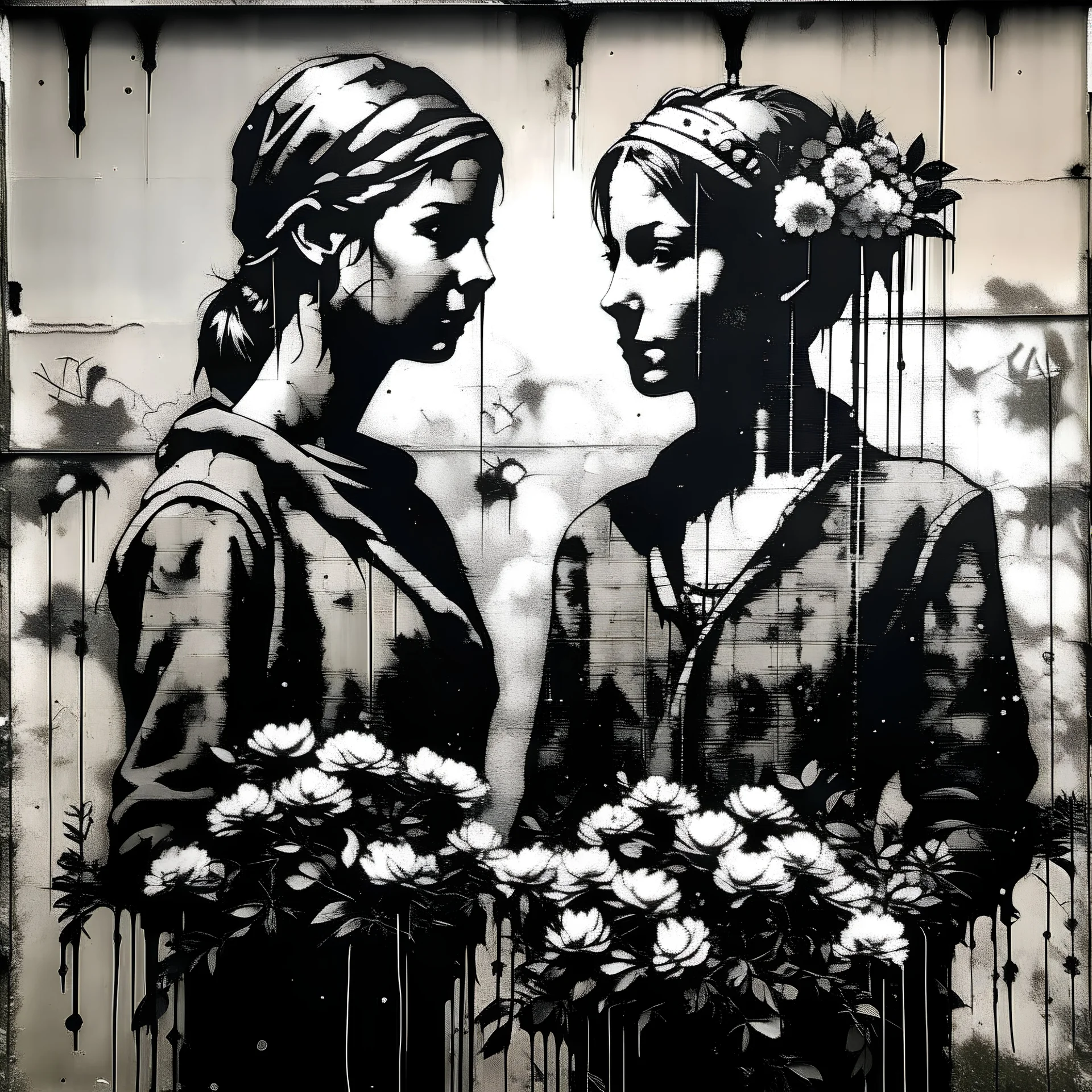 a woman in love with another woman, she looks proud, black flowers, style of banksy