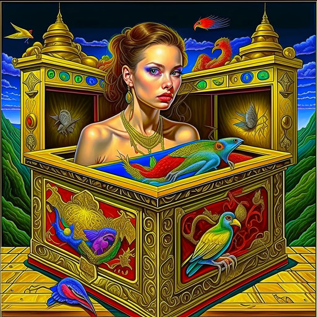 Pandora's Box, surreal meander style of Michael Cheval, eerie, smooth, trending on Artstation, 16k intricate detail, beautiful, sharp colors.