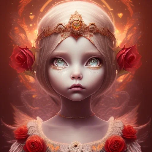 toddler, epic dark queen,tears, majestic, ominous, fire, fiery red roses background, intricate, masterpiece, expert, insanely detailed, 4k resolution, retroanime style, cute big circular reflective eyes, cinematic smooth, intricate detail , soft smooth lighting, soft pastel colors, painted Rena