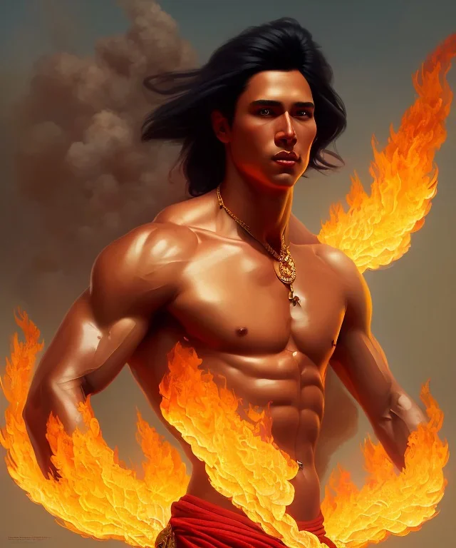 native american warrior, long black hair, dancing on top of fire, big muscles, loincloth, shirtless, 8k resolution concept art portrait by Greg Rutkowski