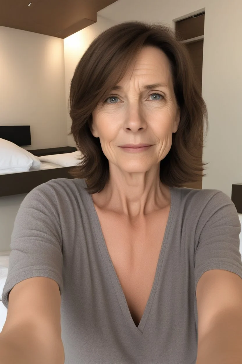 A selfie of a brunette woman, middle short hair taken after massage at spa salon. showing a 47-year-old European woman. She has white skin, tousled brown hair, face without makeup, big round dark brown eyes, cute profiled nose, detailed full lips, skin texture.