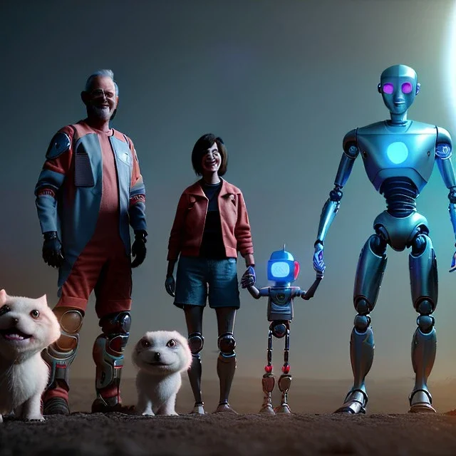 Ultra Realistic home family portrait. father. mother. daughter. alien pet. assistant robot. retro futuristic style. smile, happy. highly detailed, concept art, unreal engine 5, ray tracing, RTX, lumen lighting, ultra detail, volumetric lighting, 3d, finely drawn, high definition, high resolution.