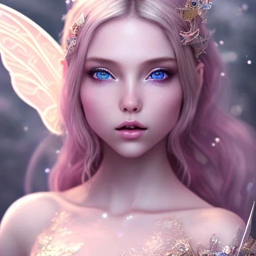 A portrait of a cute fantasy fairy, blue eyes, long blond hair, pink lips, atmospheric light, cinematic lighting, extremely sharp detail, finely tuned detail, ultra high definition, 8 k, HQ, ultra sharp focus, accurate wings, positive smile, highlight luminous dress