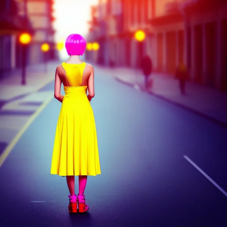 Beautiful lonely girl who walks along a street without people at dawn. You see her from behind. She short wears very short yellow dress, long legs. She has short pink hair with glowing crystals. Full body, 8k resolution concept art. Professional Photo HD. Stylish. Warm vivid colors. Panoramic