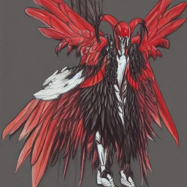 winged, humanoid Digimon drawing inspiration from the raven (Corvus corax). It is armored from head to toe with a red mask on its face that appears like that of a raven head