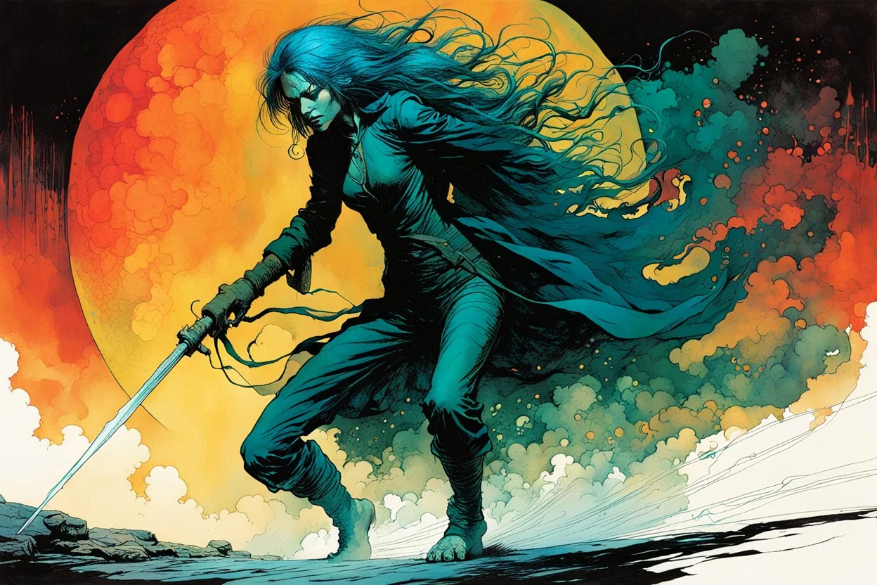 create an imaginative full body print illustration of an ethereal, otherworldly female Striga monster, in the comic book art style of Bill Sienkiewicz, Mike Mignola, and Jean Giraud Moebius, with highly and finely inked, after the Witcher