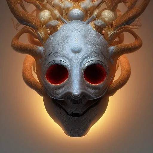 biomorphic ghost mask with lighting, panoramic, colours, 3D-rendering, foto-realistic,TG, 8k, art by ernst Fuchs.