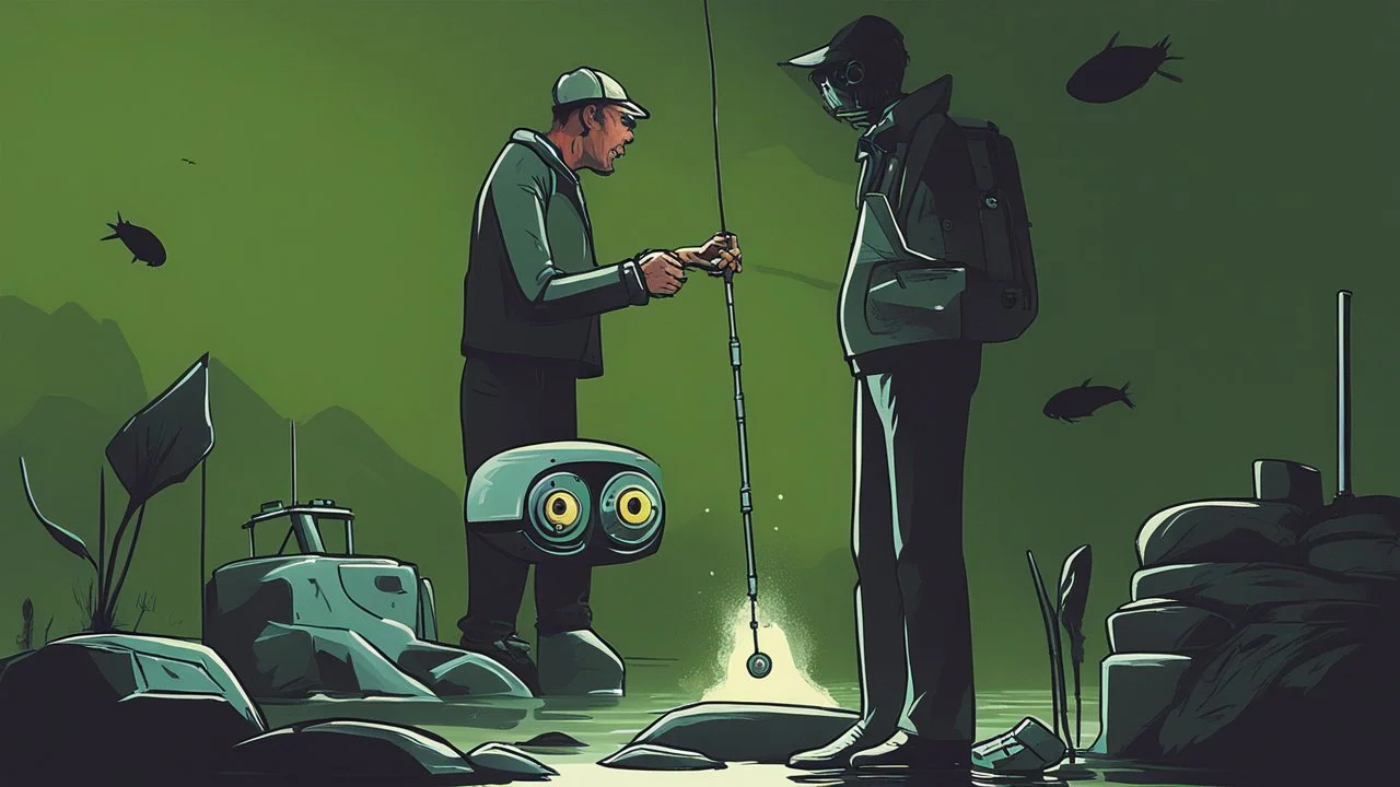 a man catching a robot monster with his fishing rod, cartoon style Simon Stålenhag